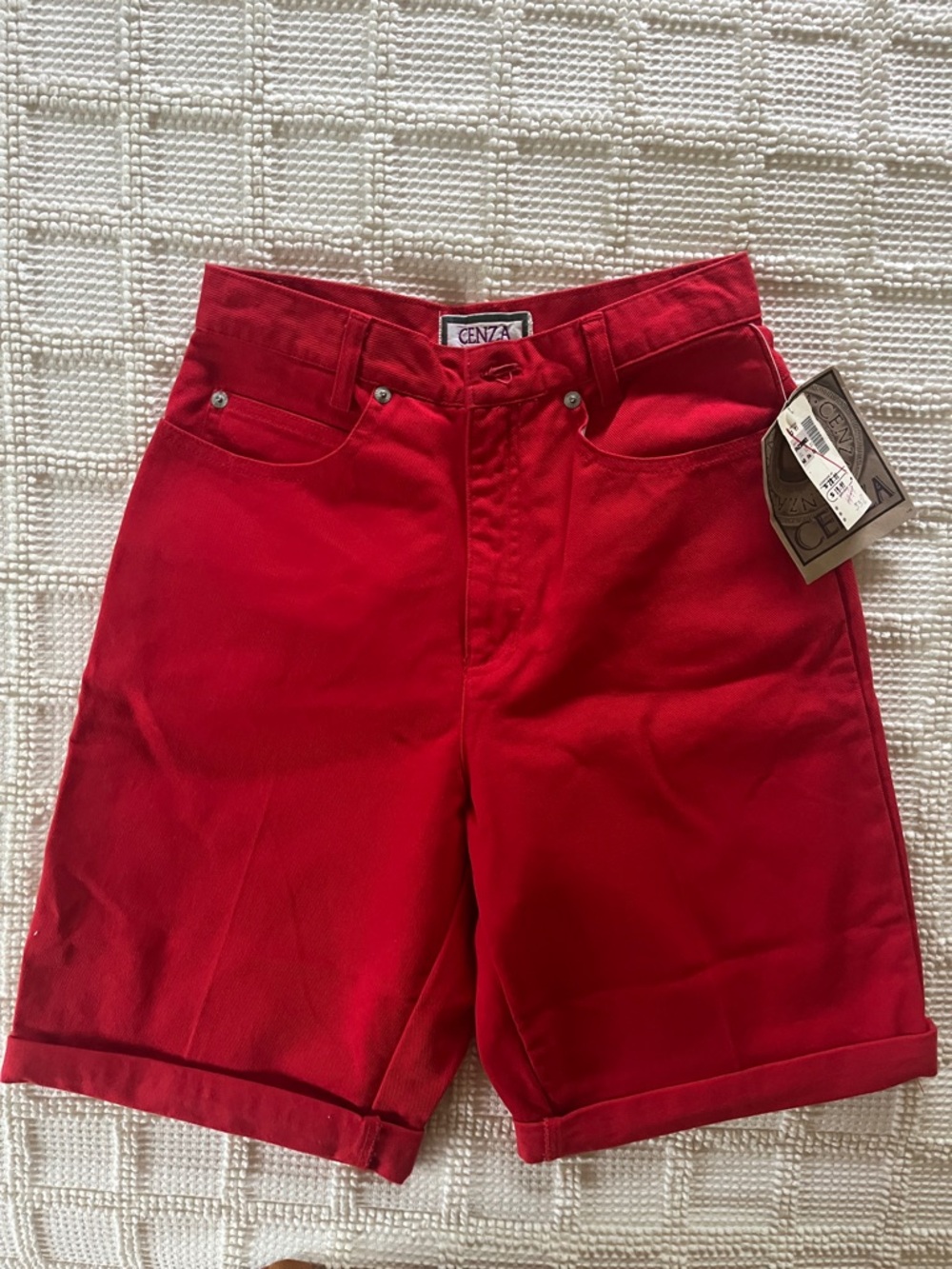 Women’s Red Jean Shorts — Classic High-Rise Cuffed Style